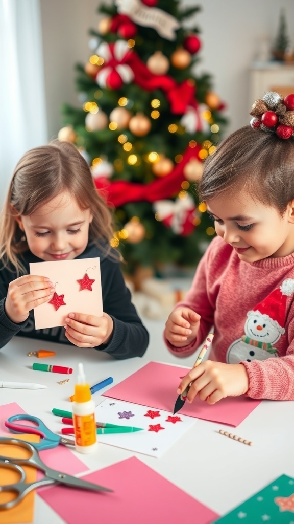 Two kids making Christmas cards with colorful materials on a table, with a decorated tree in the background.